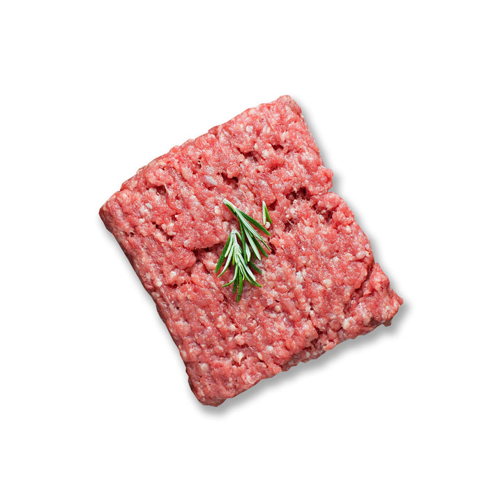 Five-pound portion of grass-fed ground Rose Veal from Kentucky, garnished with fresh rosemary, perfect for burgers, meatballs, and more.