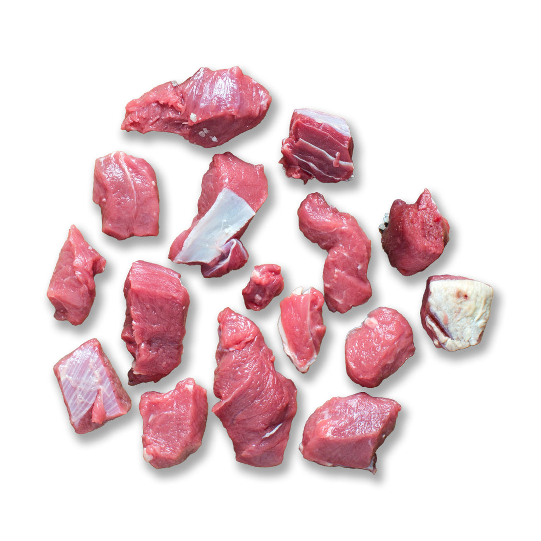 Five pounds of cubed Kentucky grass-fed Rose Veal stew meat, ideal for braising, soups, and slow-cooked meals.