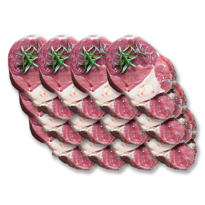Twelve-pack of Kentucky grass-fed Rose Veal osso bucco shanks with visible marrow bone and rosemary sprigs.