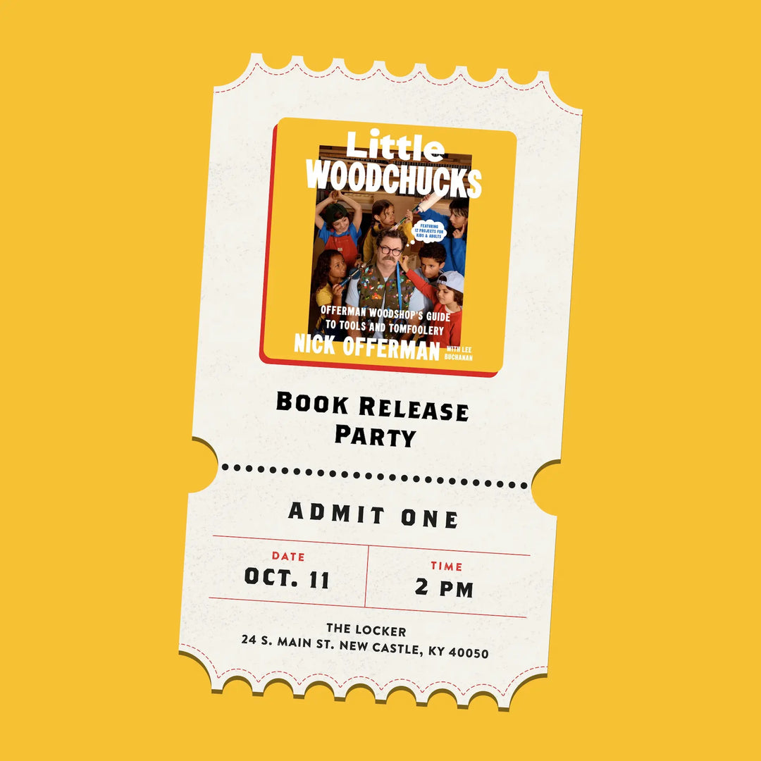 Ticket-style book release party invitation for 'Little Woodchucks' with a yellow border on a yellow background.
