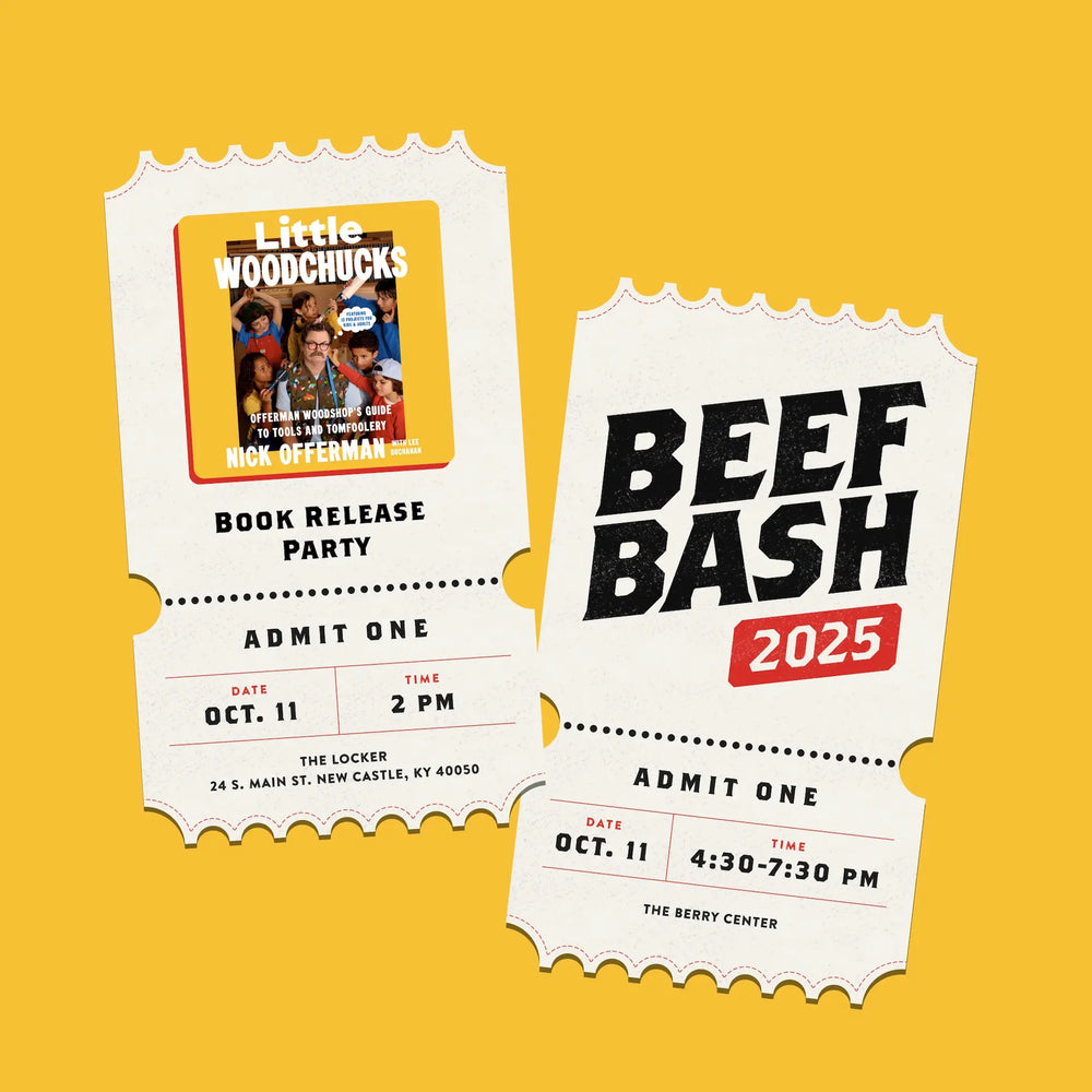 Two event tickets for 'Little Woodchucks' book release party and 'Beef Bash 2025' on a yellow background.