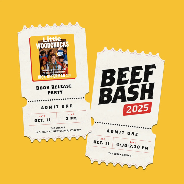 Two event tickets for 'Little Woodchucks' book release party and 'Beef Bash 2025' on a yellow background.